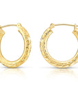 14K Solid Gold Tornado Hoop Earrings, Diamond-Cut & Hand Engraved Design, 3mm Thin