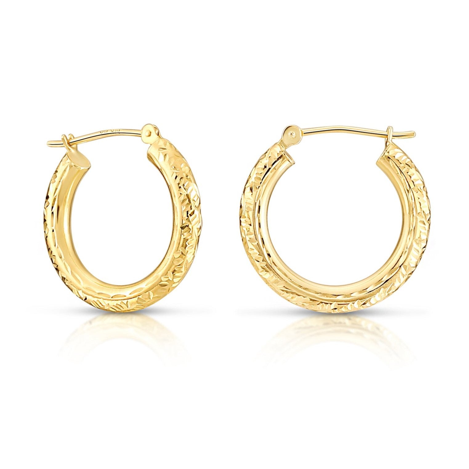 14K Solid Gold Tornado Hoop Earrings, Diamond-Cut &amp; Hand Engraved Design, 3mm Thin