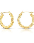 14K Solid Gold Tornado Hoop Earrings, Diamond-Cut & Hand Engraved Design, 3mm Thin