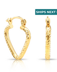 14k Yellow Gold Heart Hoop Earrings, Small Hoops with Engravings, Design 