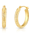 14k Yellow Gold X Pattern Diamond-Cut Oval Hoop Earrings