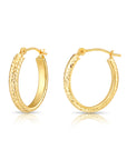 14k Yellow Gold X Pattern Diamond-Cut Oval Hoop Earrings