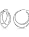 925 Sterling Silver Diamond-cut Triple Round Hoop Earrings