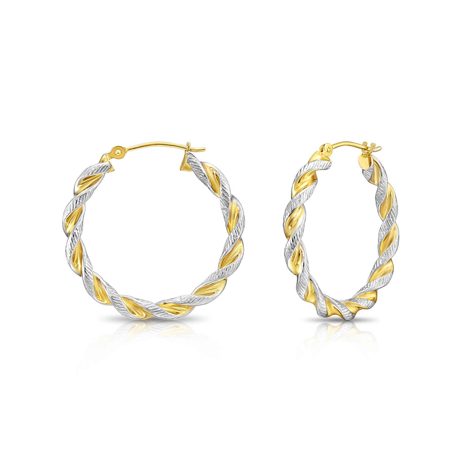 14K Yellow Gold Two-Tone Twisted Hoop Earrings