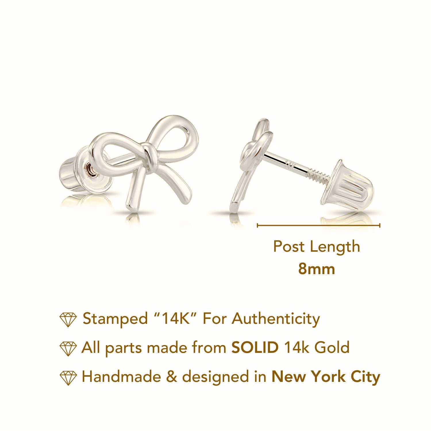 14K Solid White Gold Ribbon Bow Stud Earrings, With Secure Screw-Backs