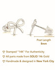 14K Solid White Gold Ribbon Bow Stud Earrings, With Secure Screw-Backs