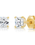 14k Yellow Gold Square Zirconia Stud Earrings with Butterfly Pushbacks, Unisex