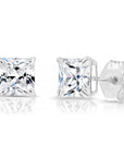 14k White Gold Square Zirconia Stud Earrings with Butterfly Pushbacks, Unisex Design, Princess Cut Studs