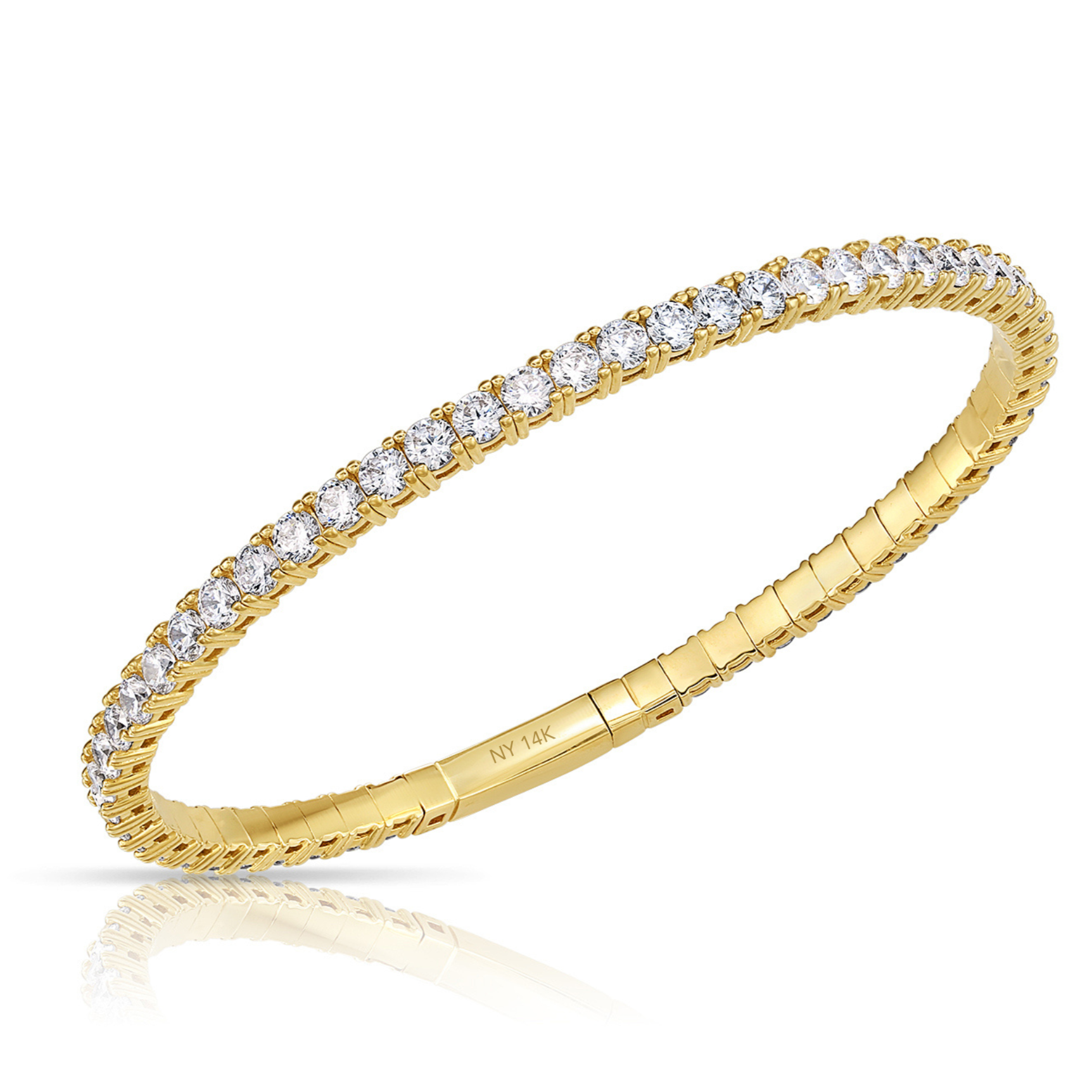 14K Yellow Gold Tennis Bangle Bracelet, With Simulated Diamonds, 7in