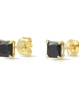 14K Gold Black Onyx Square CZ Studs, Princess-Cut Earrings With Push-Backs