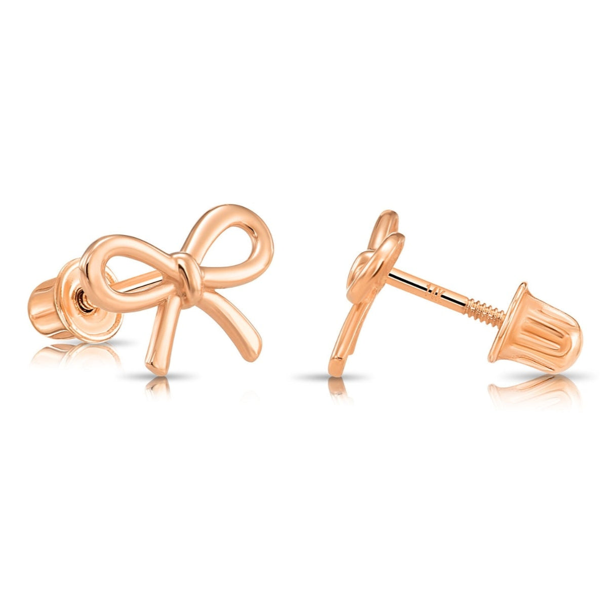 14K Solid Rose Gold Ribbon Bow Stud Earrings, With Secure Screw-Backs