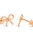 14K Solid Rose Gold Ribbon Bow Stud Earrings, With Secure Screw-Backs