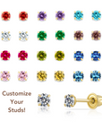 14K Yellow Gold Birthstone Stud Earrings, Screw-back, 2.5mm