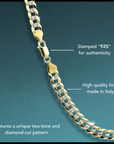 Italian 925 Solid Silver Curb Chain with two-tone Gold Plating, Hand Engraved Diamond-Cuts, Strong Lobster Lock