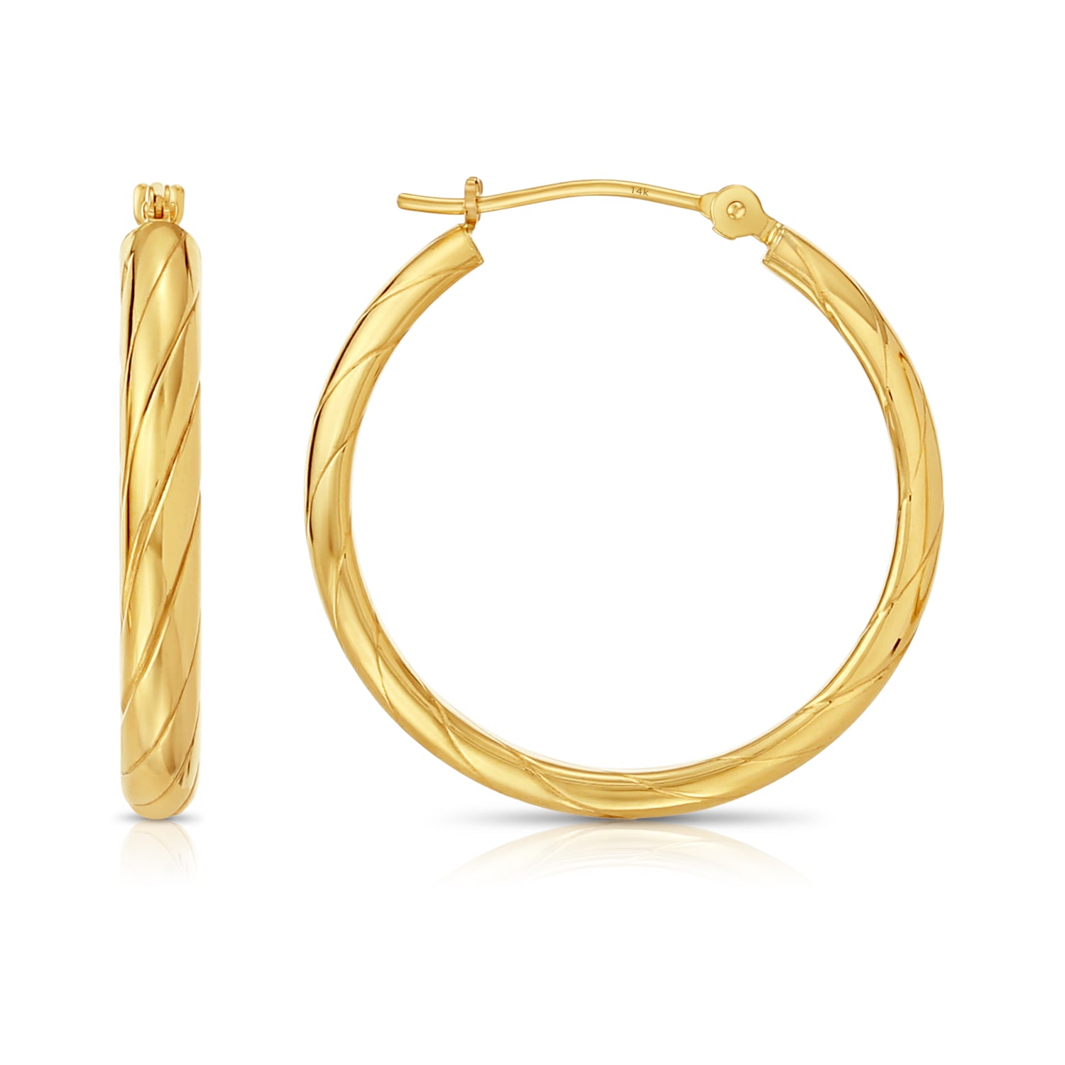 14K Yellow Gold Round Spiral Diamond-cut Hoop Earrings