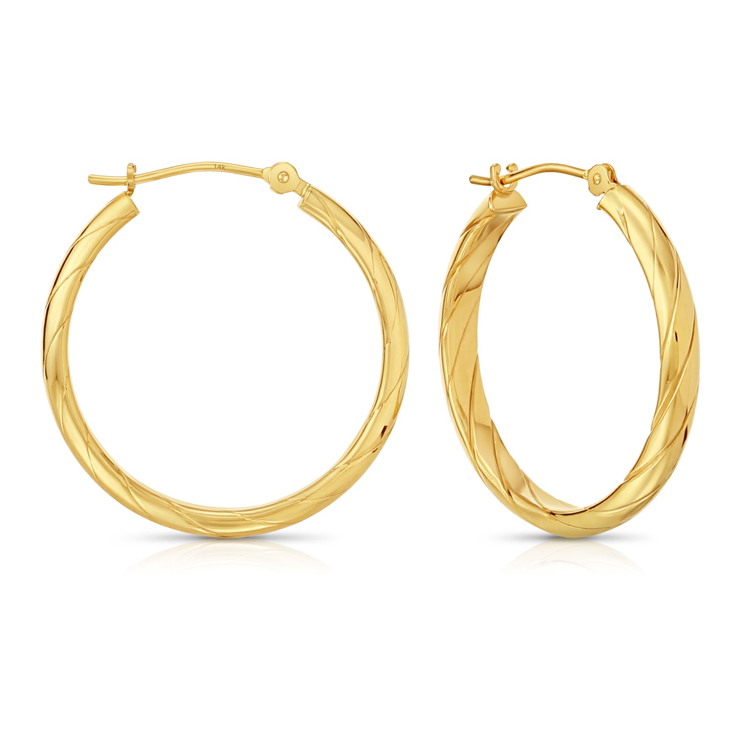 14K Yellow Gold Round Spiral Diamond-cut Hoop Earrings