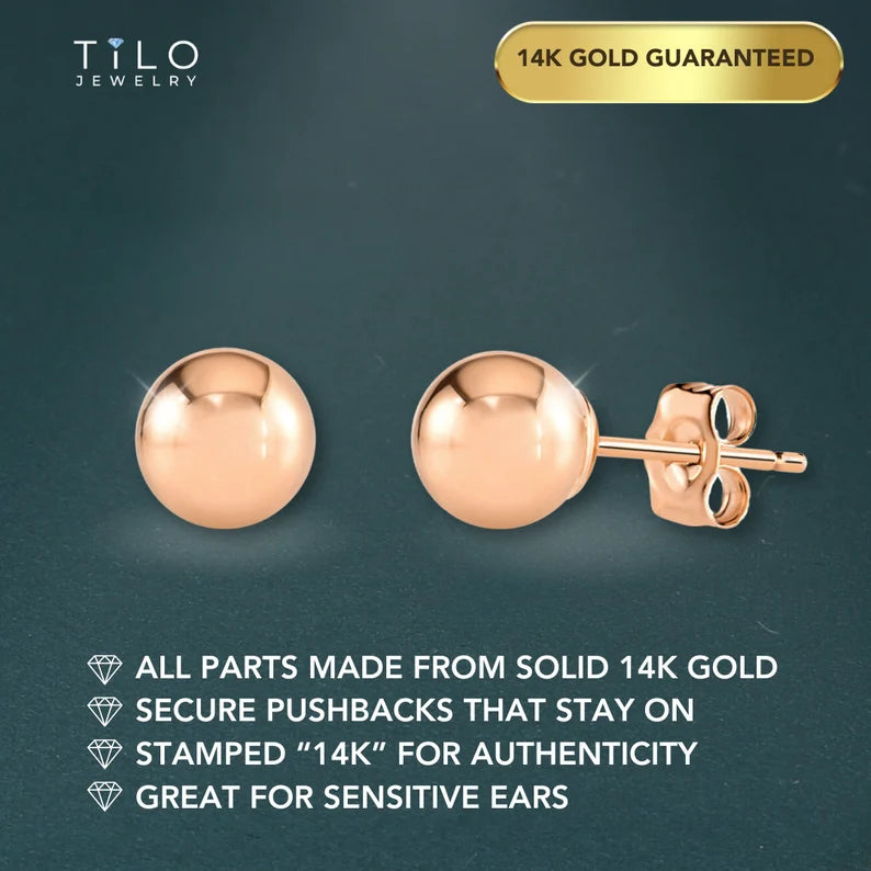 14k Rose Gold Ball Stud Earrings with Butterfly Pushbacks