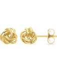 14k Gold Love Knot Stud Earrings with Hand Engraved Diamond Cuts, 9mm, Pushback Studs