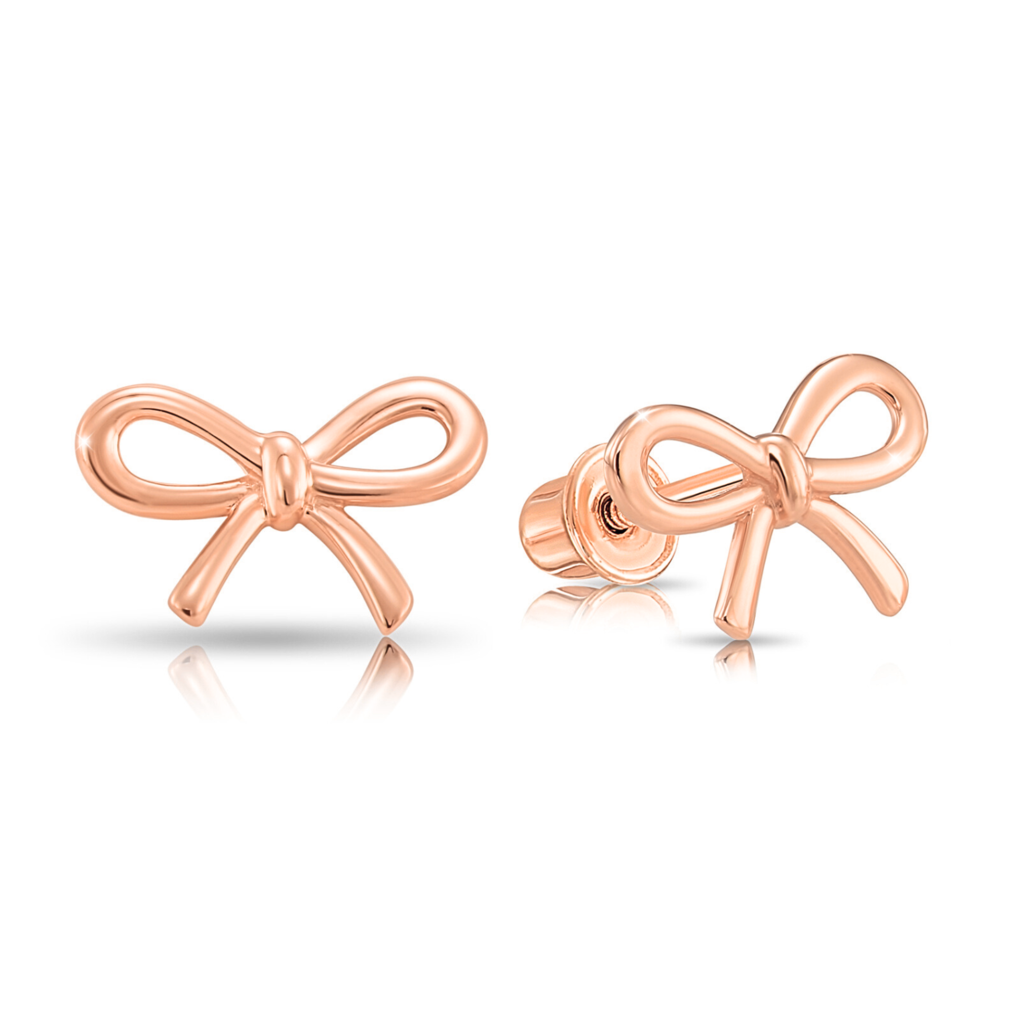 14K Solid Rose Gold Ribbon Bow Stud Earrings, With Secure Screw-Backs