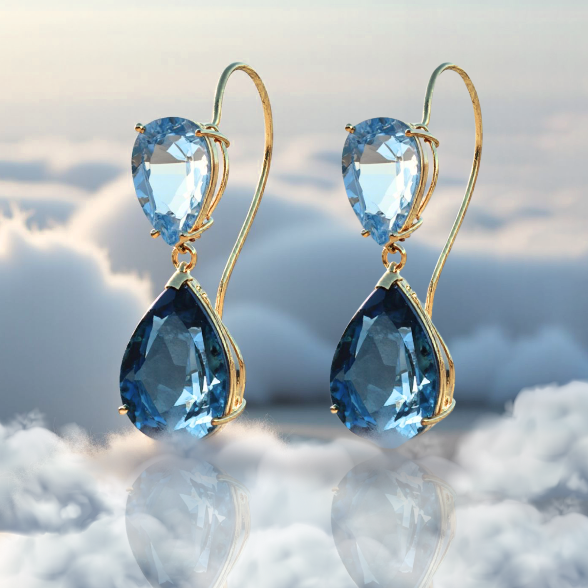 14K Yellow Gold Pear-Cut London &amp; Sky Blue Topaz Teardrop Wire Earrings, 26ctw, Natural Gemstone Earrings