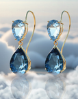 14K Yellow Gold Pear-Cut London & Sky Blue Topaz Teardrop Wire Earrings, 26ctw, Natural Gemstone Earrings