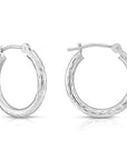 14k White Gold All Around Diamond Cut Hoop Earrings