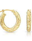 14K Solid Gold Tornado Hoop Earrings, Diamond-Cut & Hand Engraved Design, 3mm Thin