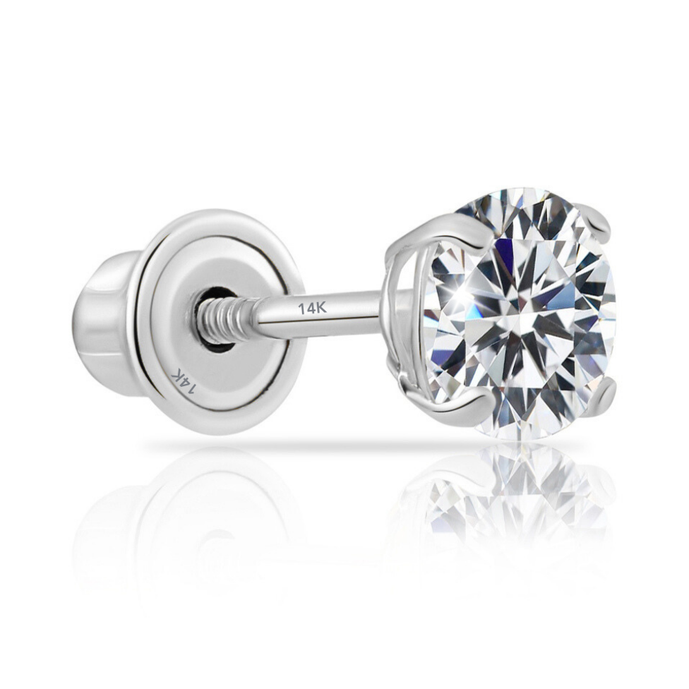 14k White Gold Classic Zirconia Solitaire Stud, Single Earring, Screwback (Unisex)