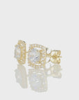 14k Yellow Gold Round CZ Halo Stud Earrings, Brilliant-Cut Cushion Halo Design Studs, With Secure Pushbacks