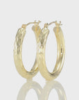 14k Yellow Gold Hand Engraved Round Hoop Earrings, Full Diamond-cut, 3mm Thin