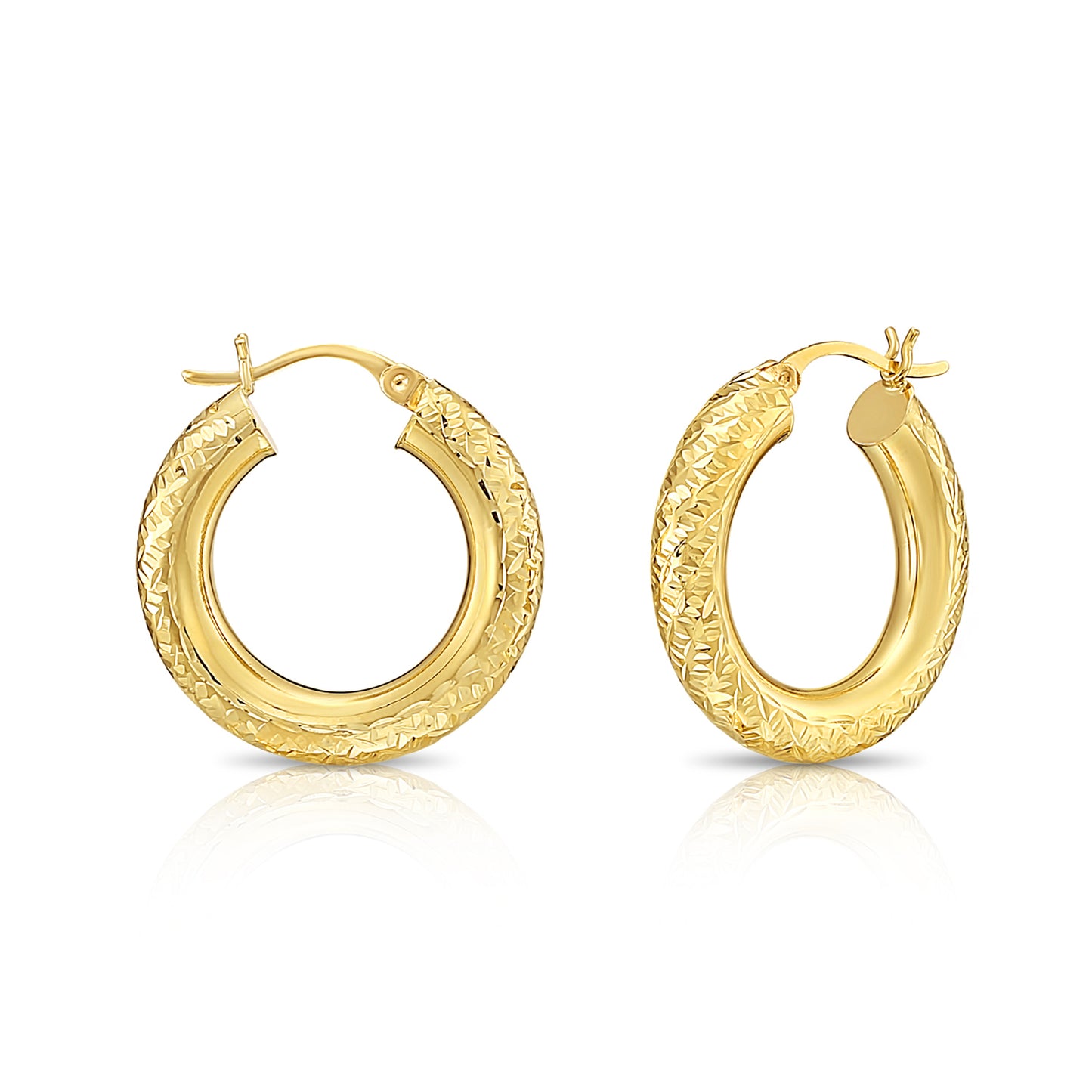 14K Yellow Gold Checkered Hand Engraving Hoop Earrings - 1 inch 30mm (1.2 inch)