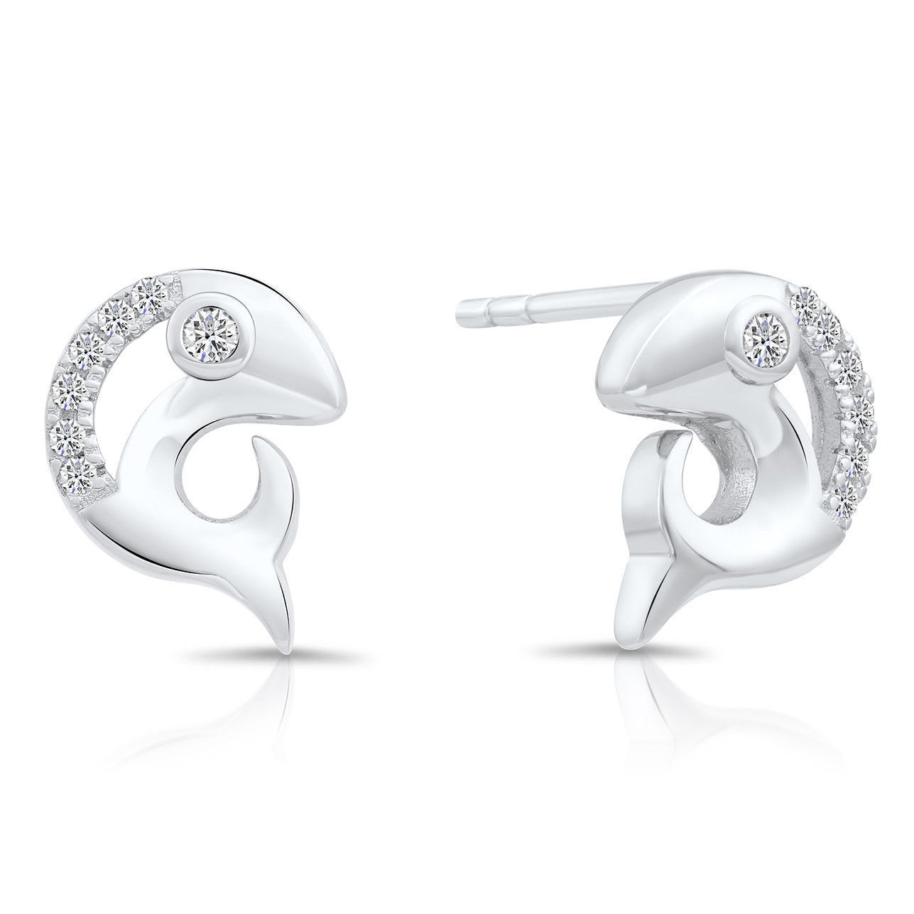 CZ Small Fish Stud Earrings in Sterling Silver