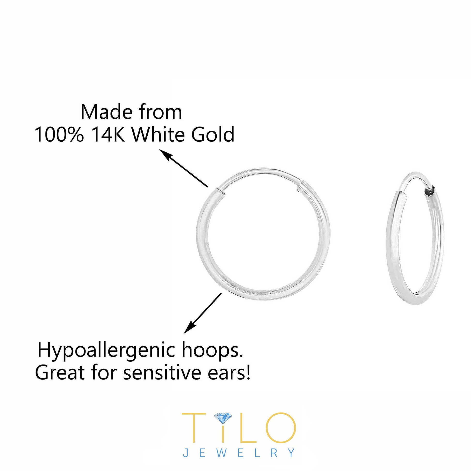 9ct Gold 10mm Sleeper Hoop Earrings with Tiny 9ct White Gold Oval Tags