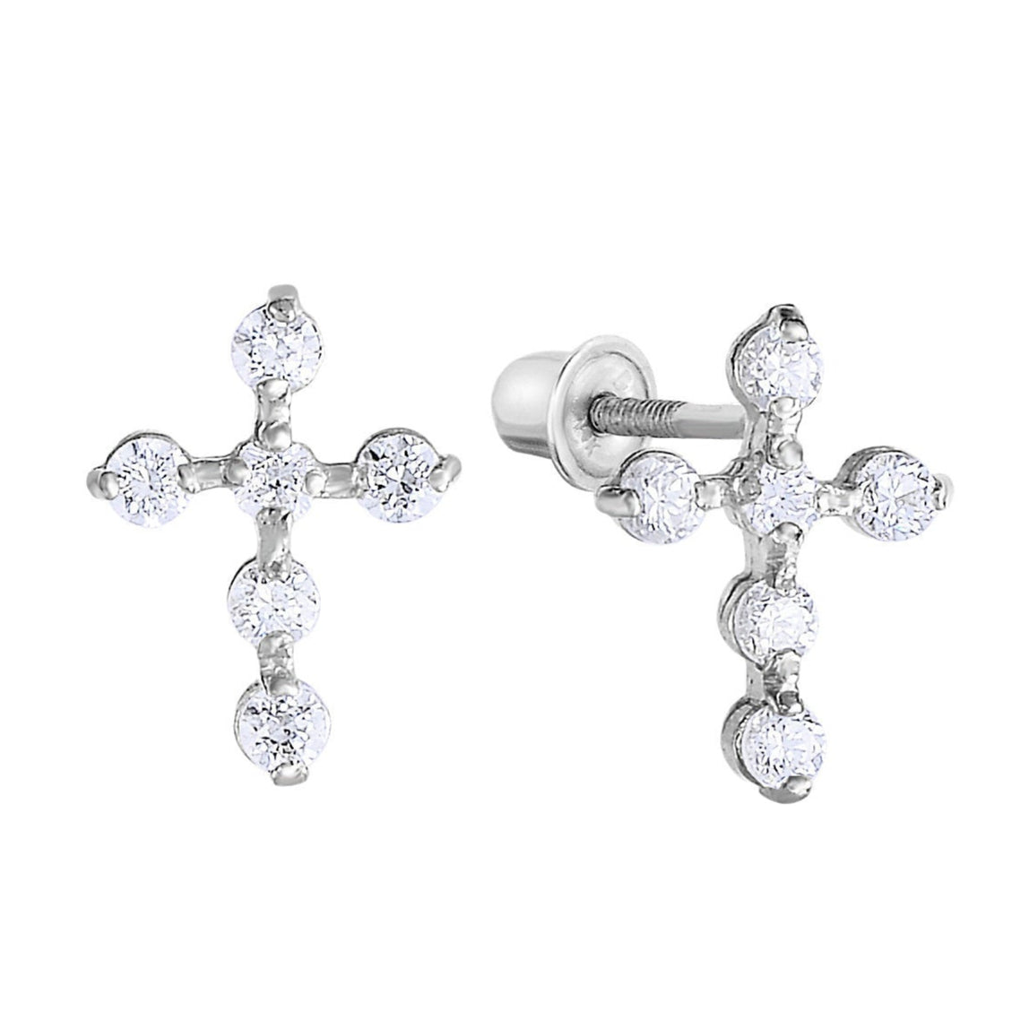 14K White Gold Tiny Cute Cross Stud Earrings