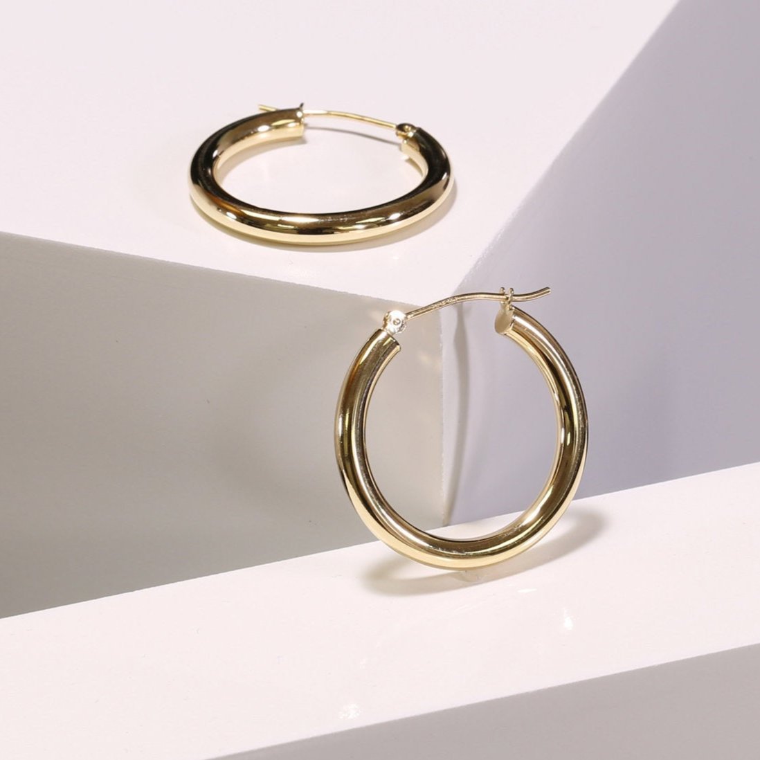 Gold Hoop Earrings 14K Yellow White Gold Polished & Satin D/C Hoop Earrings  3mm Thickness - Roy Rose Jewelry