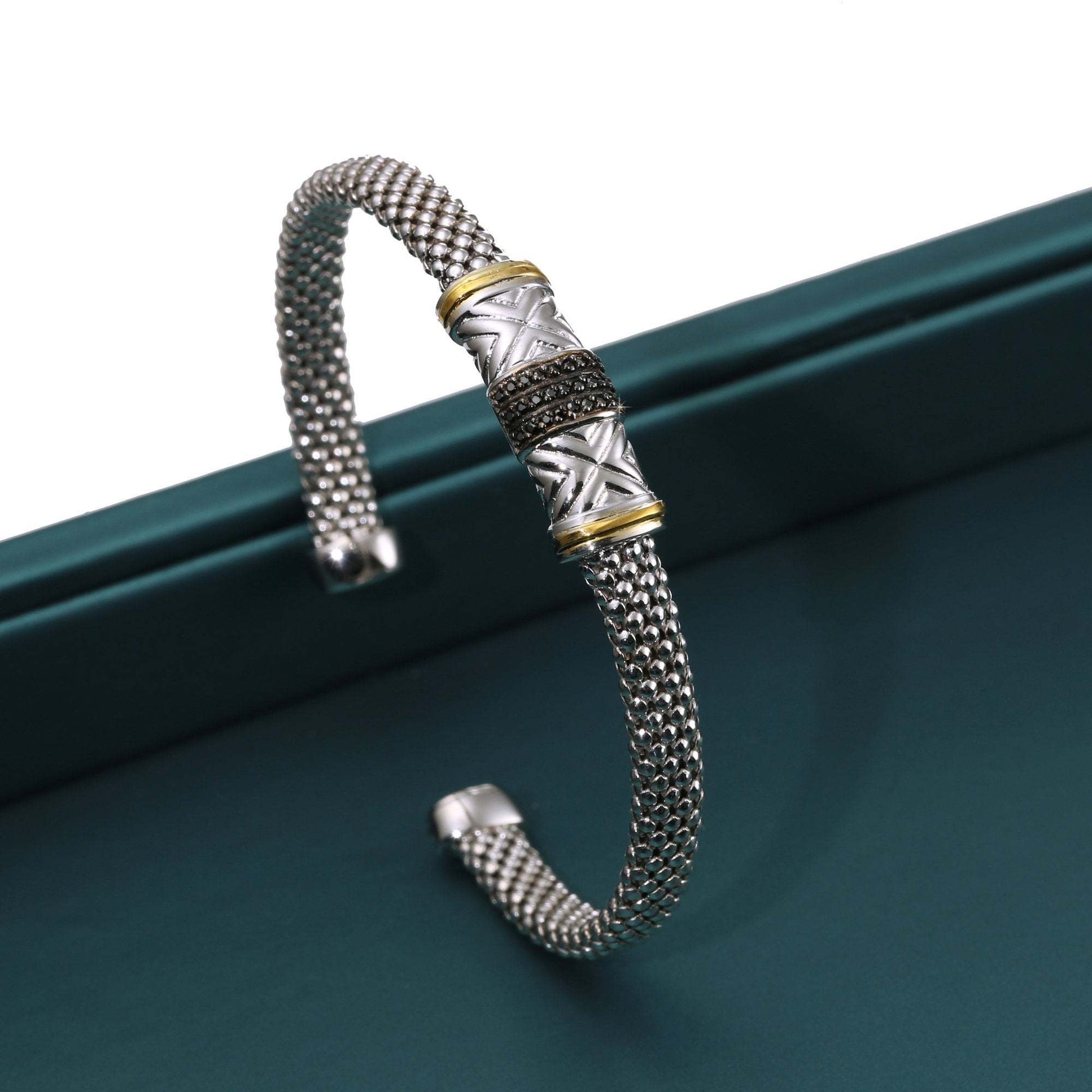 YELLOW GOLD TWIST BAR LINK BRACELET WITH SILVER LINKS + BLACK