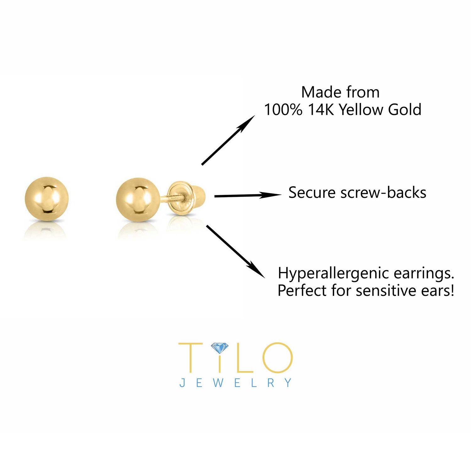 14K Solid Gold Round Ball Stud Earrings Screw-Back Yellow