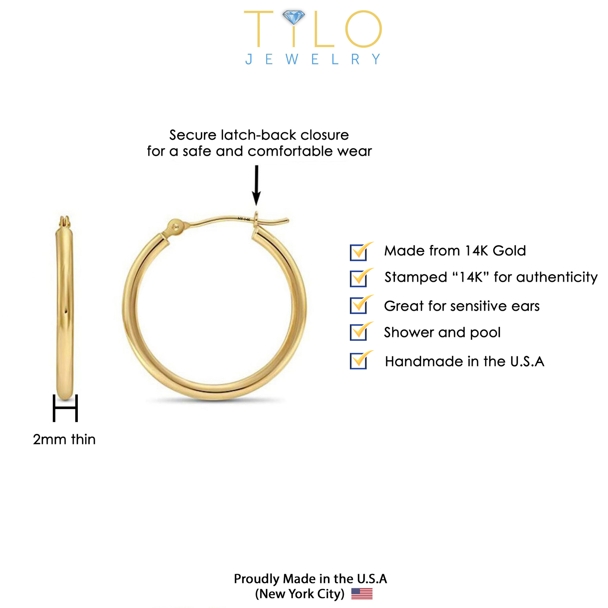 14K Yellow Gold 7X28mm Bold Tube Hoop Earrings | Don Roberto Jewelers