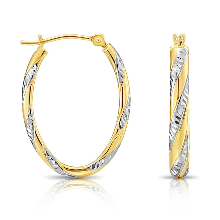 10K Gold Two-Tone Spiral Diamond-Cut Oval Hoop Earrings