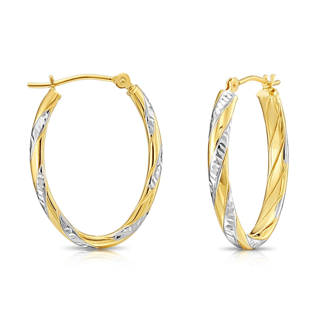 10K Gold Two-Tone Spiral Diamond-Cut Oval Hoop Earrings