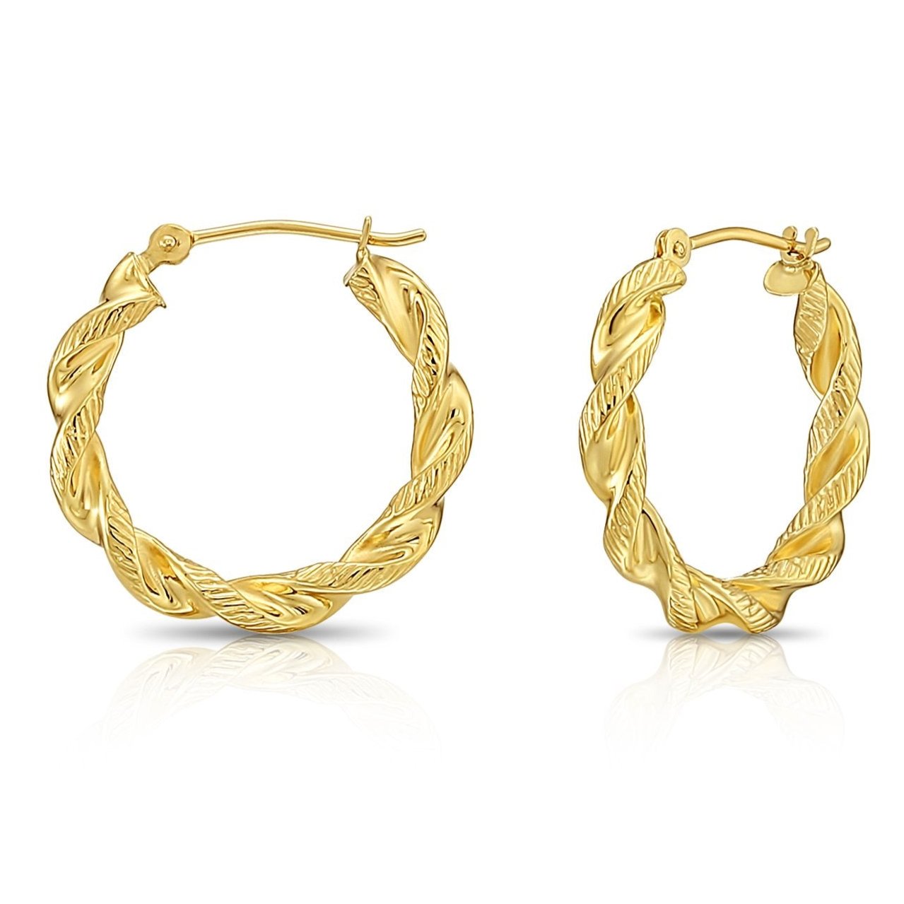 14k Yellow Gold Twisted Round Hoop Earrings with Hand Engraved Design