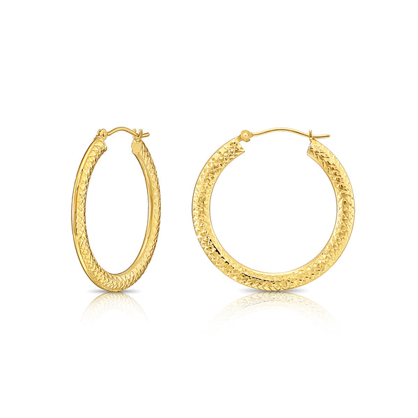 14K Yellow Gold Checkered Hand Engraving Hoop Earrings - 1 inch 30mm (1.2 inch)