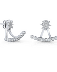 CZ Starburst Stud Earrings, 2 in 1 Front-Back in Sterling Silver